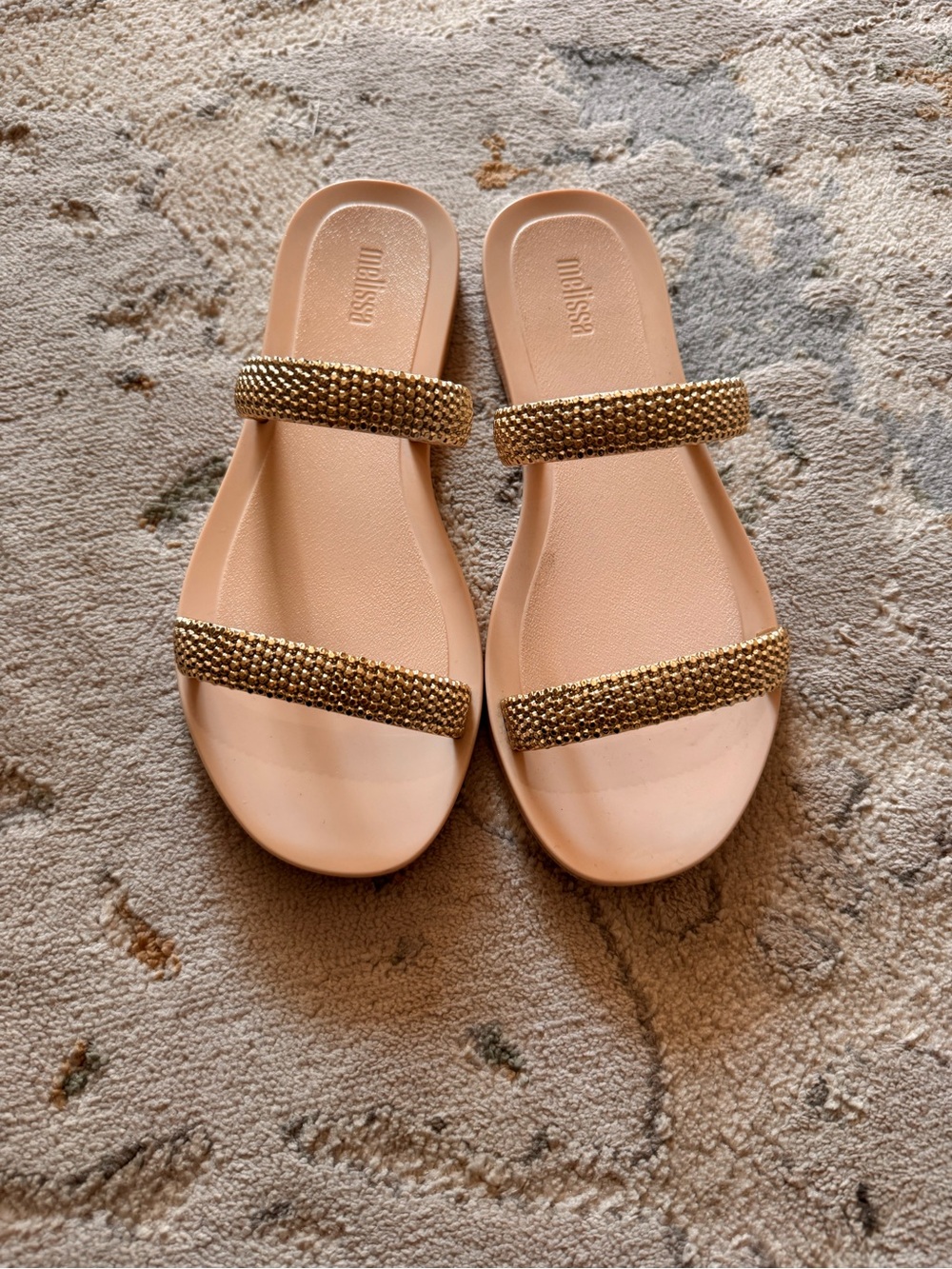 Melissa Nude Pink Slide Sandals with Gold Beaded Straps 35/36 EU